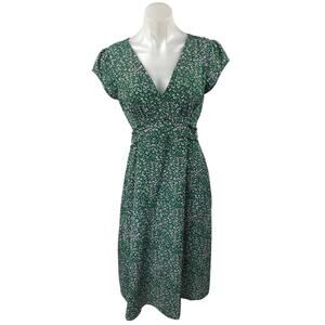 NEW Commense Green Floral V-neck Short Puff Sleeve Tie Belt Midi A-Line Dress M